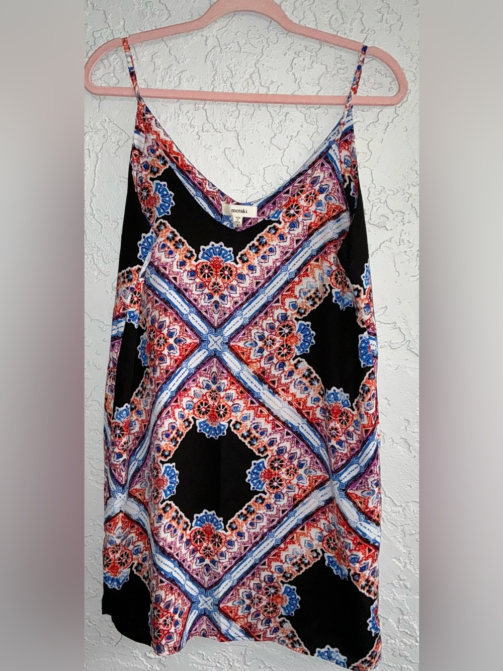 Meraki Black Spaghetti Strap Dress with Red, Blue & Purple Medallion Print